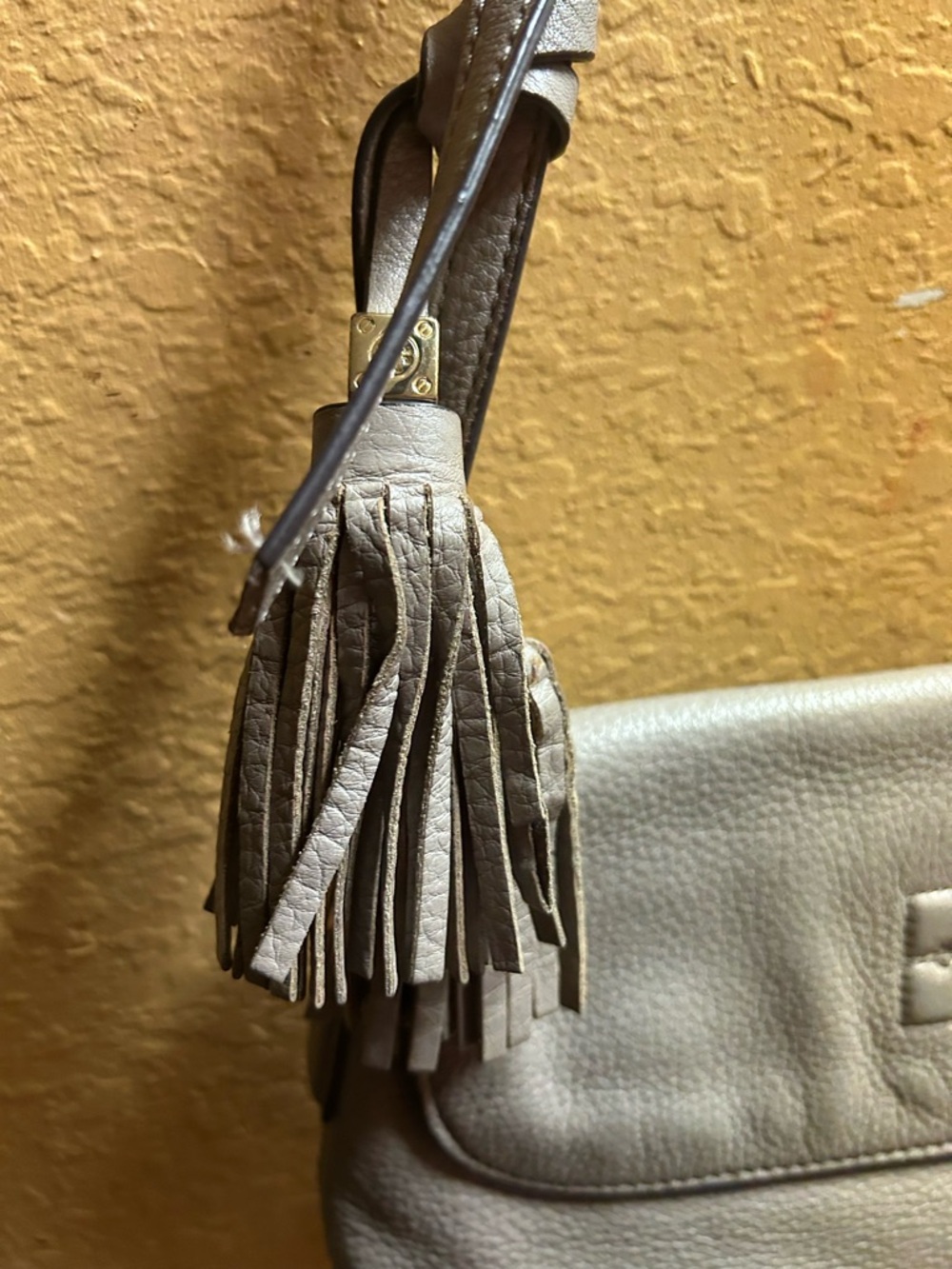 Tory Burch Light Gray Pebbled Leather Shoulder Bag with Tassels - Picture 8 of 8